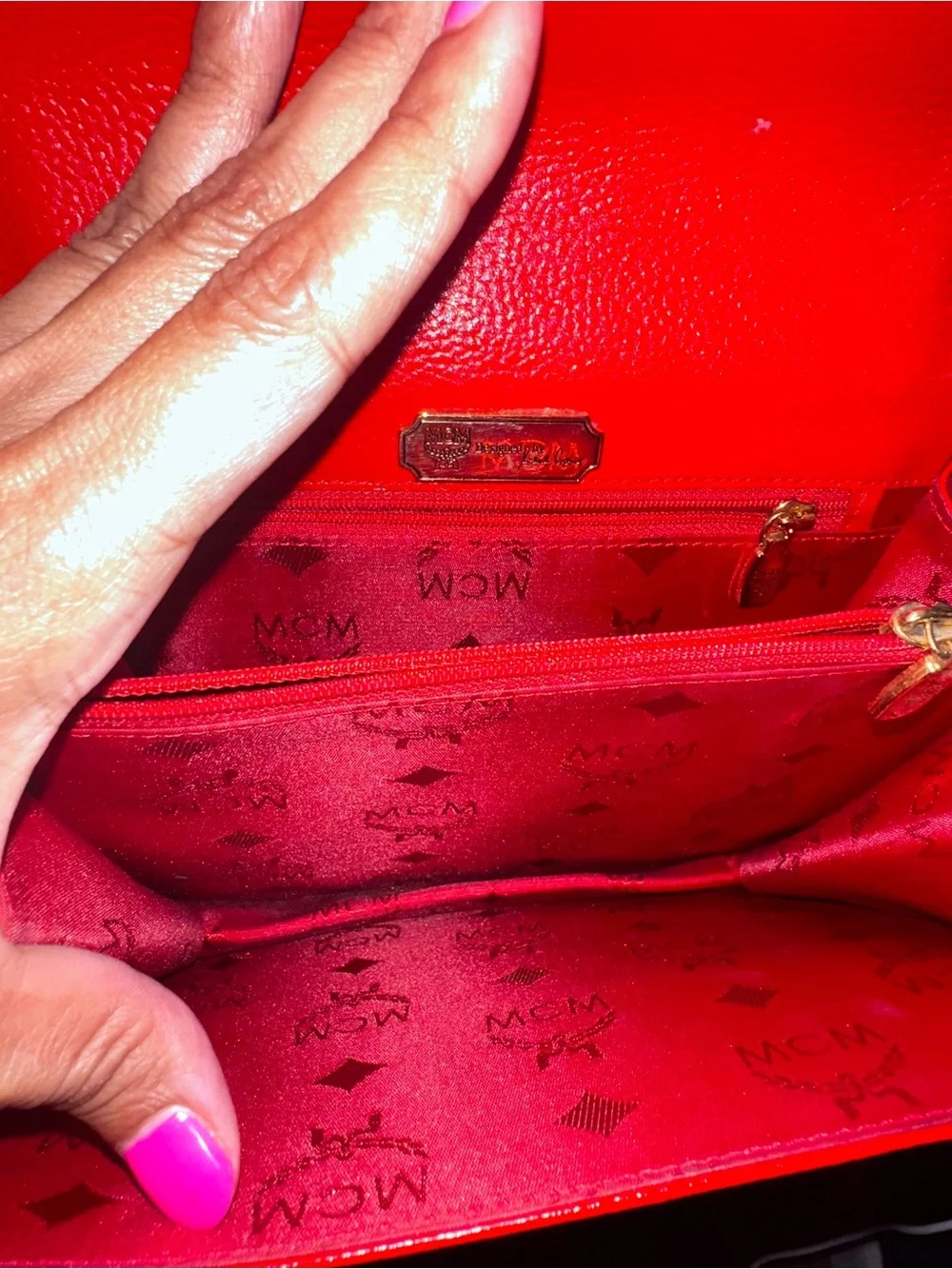 MCM Patricia Red Pebbled Leather Crossbody Bag Gold Studs  Vintage